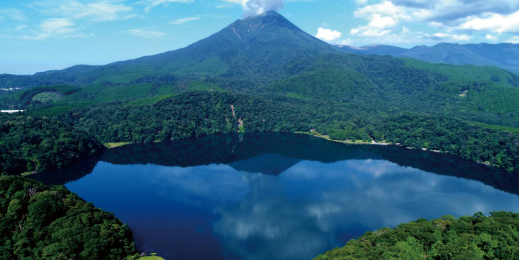 Mystical view of Lake Miike seen from Kirishima Higashi Shrine, known for dragon legends.