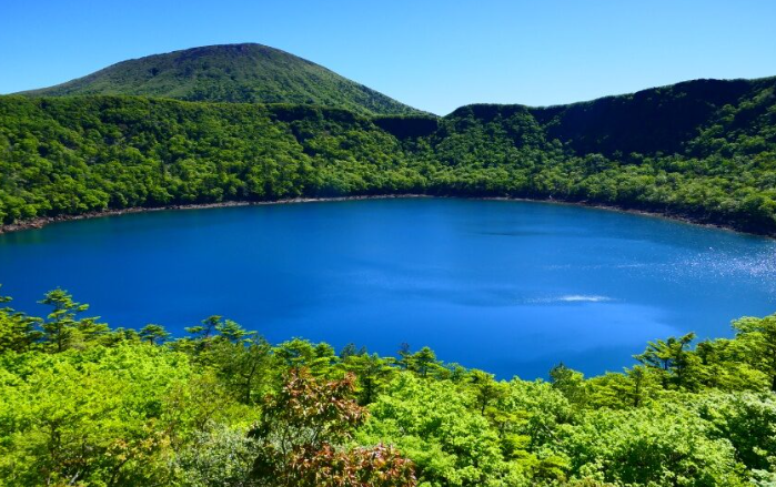 View of Lake Onami, the highest volcanic crater lake in Japan, located in Kirishima